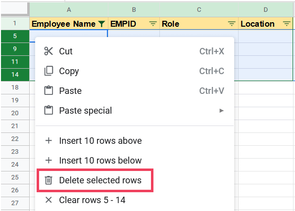 Click on the 'Delete selected rows' option from the list