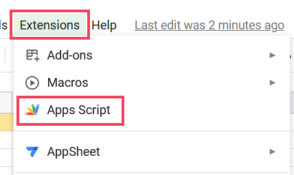 Haga clic en 'Extensiones' menú y seleccione 'Apps Script' opción
