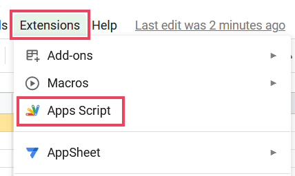 Klik op de knop 'Extensies' menu en selecteer 'Apps-script' keuze