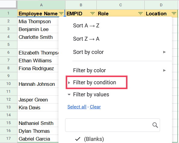 Click on the filter by condition option