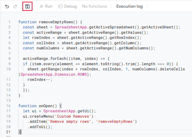 Introduceți codul de script pentru aplicații în editor și faceți clic pe „salvare” buton