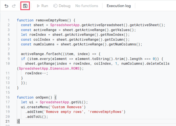 Insira o código do script do aplicativo no editor e clique em 'salvar' botão