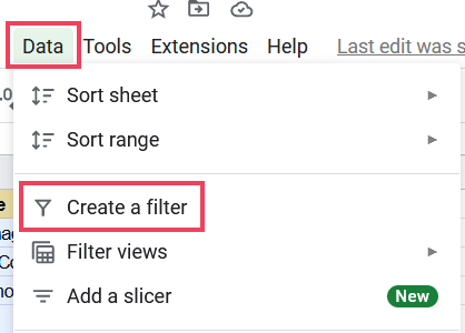 Select create a filter option from data menu