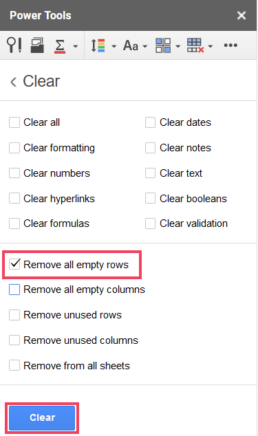 حدد خيار إزالة جميع الصفوف الفارغة وانقر على زر مسح.