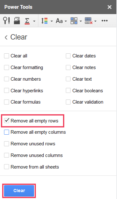 Select the Remove all empty rows option and click on Clear button.
