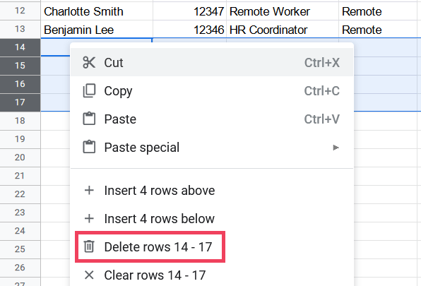 Select the all empty rows at bottom of the dataset and delete