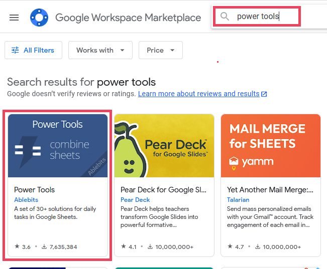 พิมพ์เครื่องมือไฟฟ้าลงในช่องค้นหาใน Google Workspace Marketplace แล้วเลือกเครื่องมือไฟฟ้า
