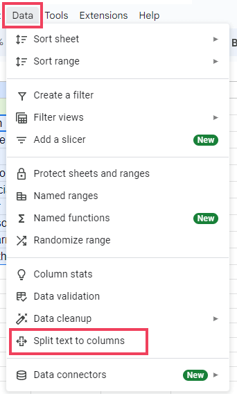 Click the data menu and select Split Text to Columns from the list