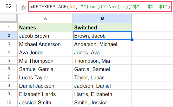 Names in data set are swiped using REGEXREPLACE Function