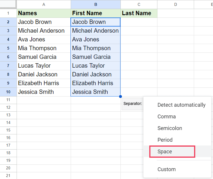 Select the space option from the Separator dropdown