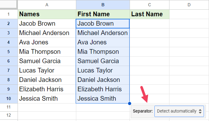 Separator dialog box at bottom-right of the selected data set