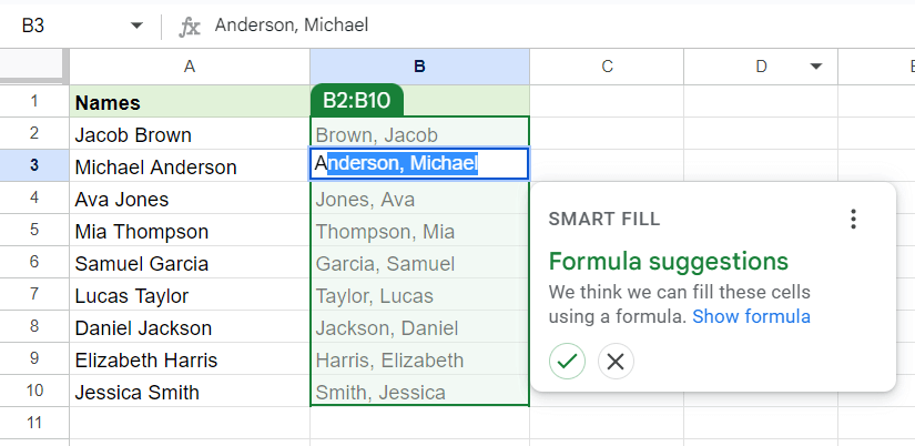 Smart Fill's auto-populated data suggestion